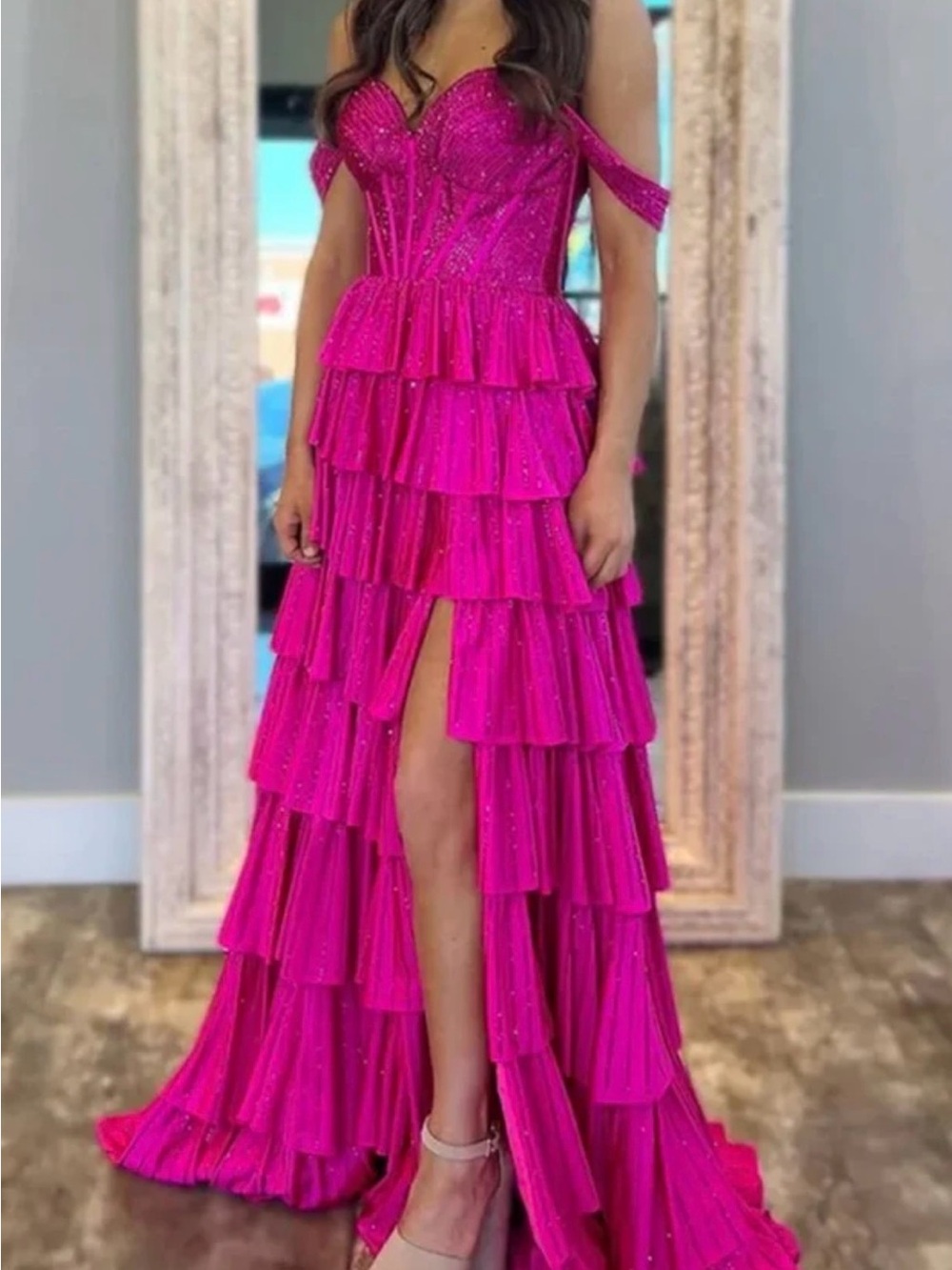 Hot Pink A Line Off-the-Shoulder Satin Tiered Long Prom Dresses With Rhinestones